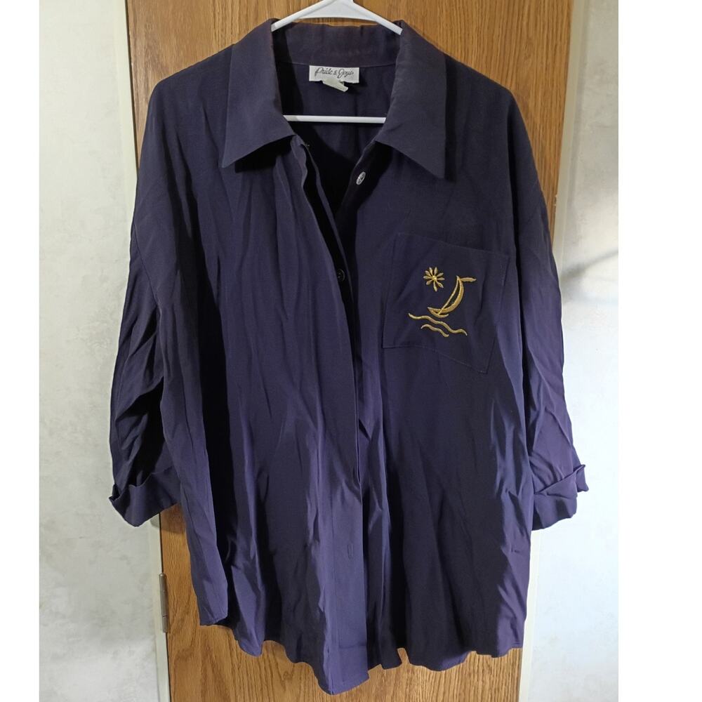Vntg Pride Joys Embroidered 2X 3X Oversized Nautical Shirt Coastal Grandma